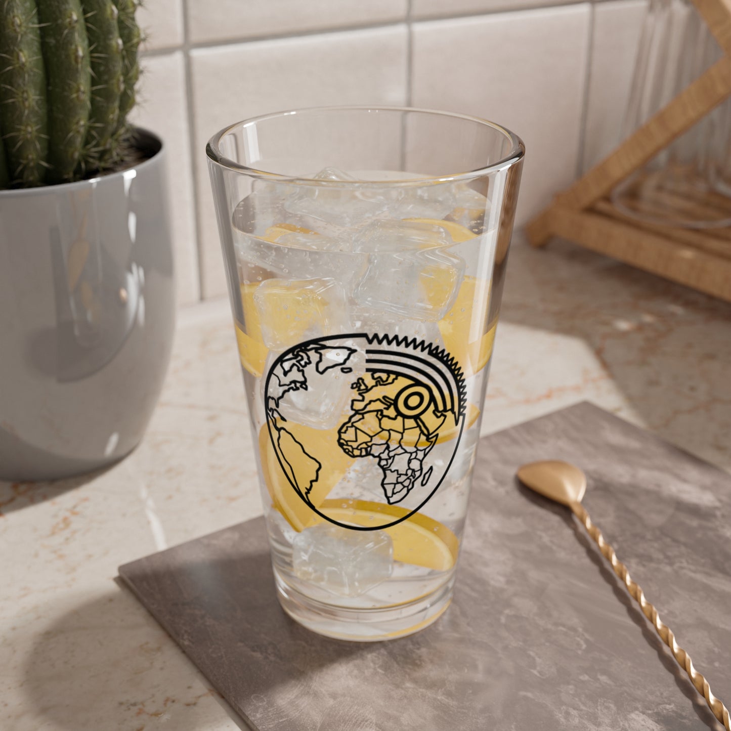 Logistics Division 16oz Mixing Glass with Global Gear Globe Illustration