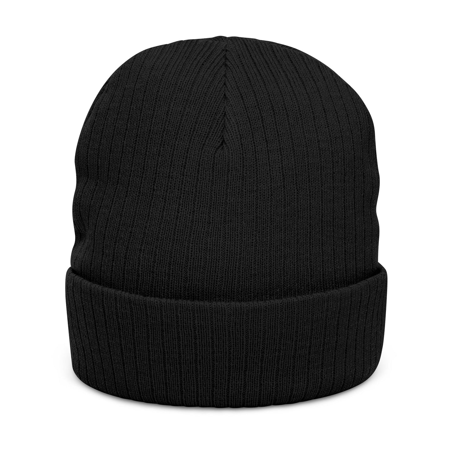 Scout Division Embroidered Ribbed Knit Beanie — Minimal Globe Patch & Text