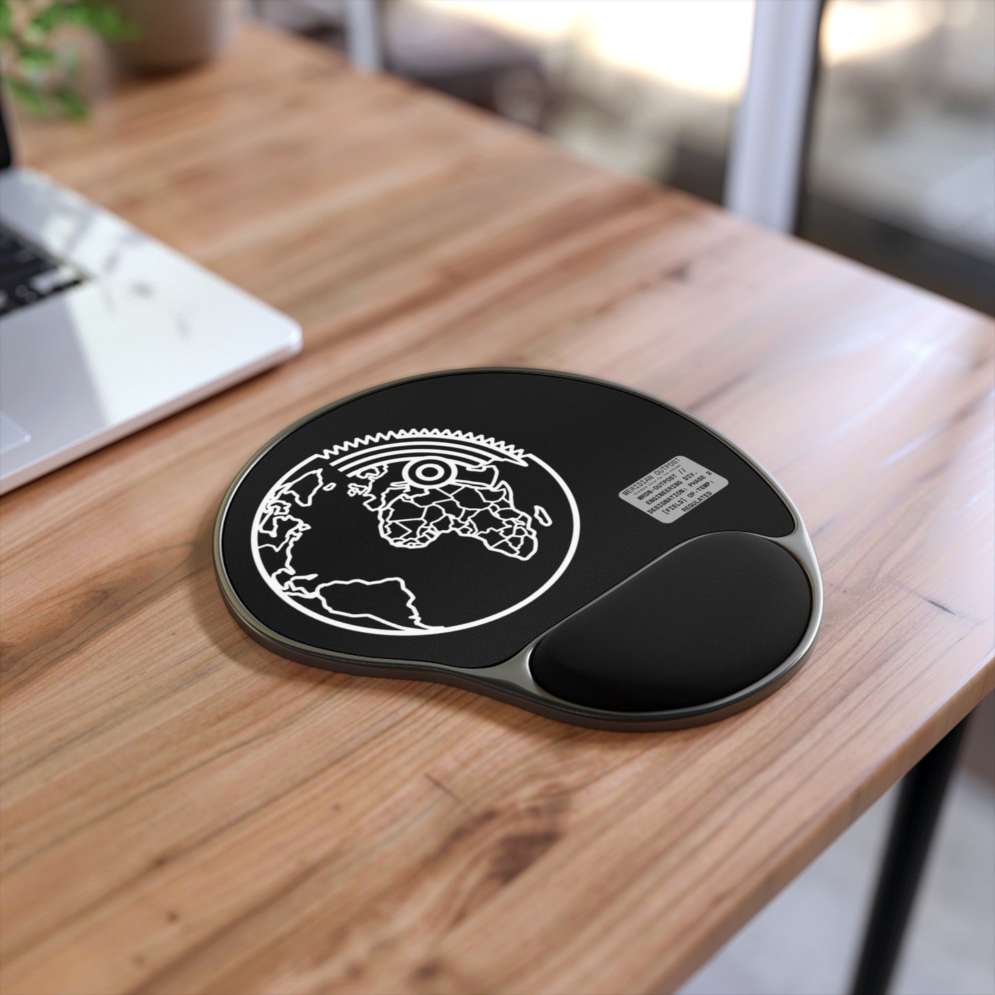 Engineering Division Ergonomic World Gear Mouse Pad with Wrist Rest — Black Globe Design