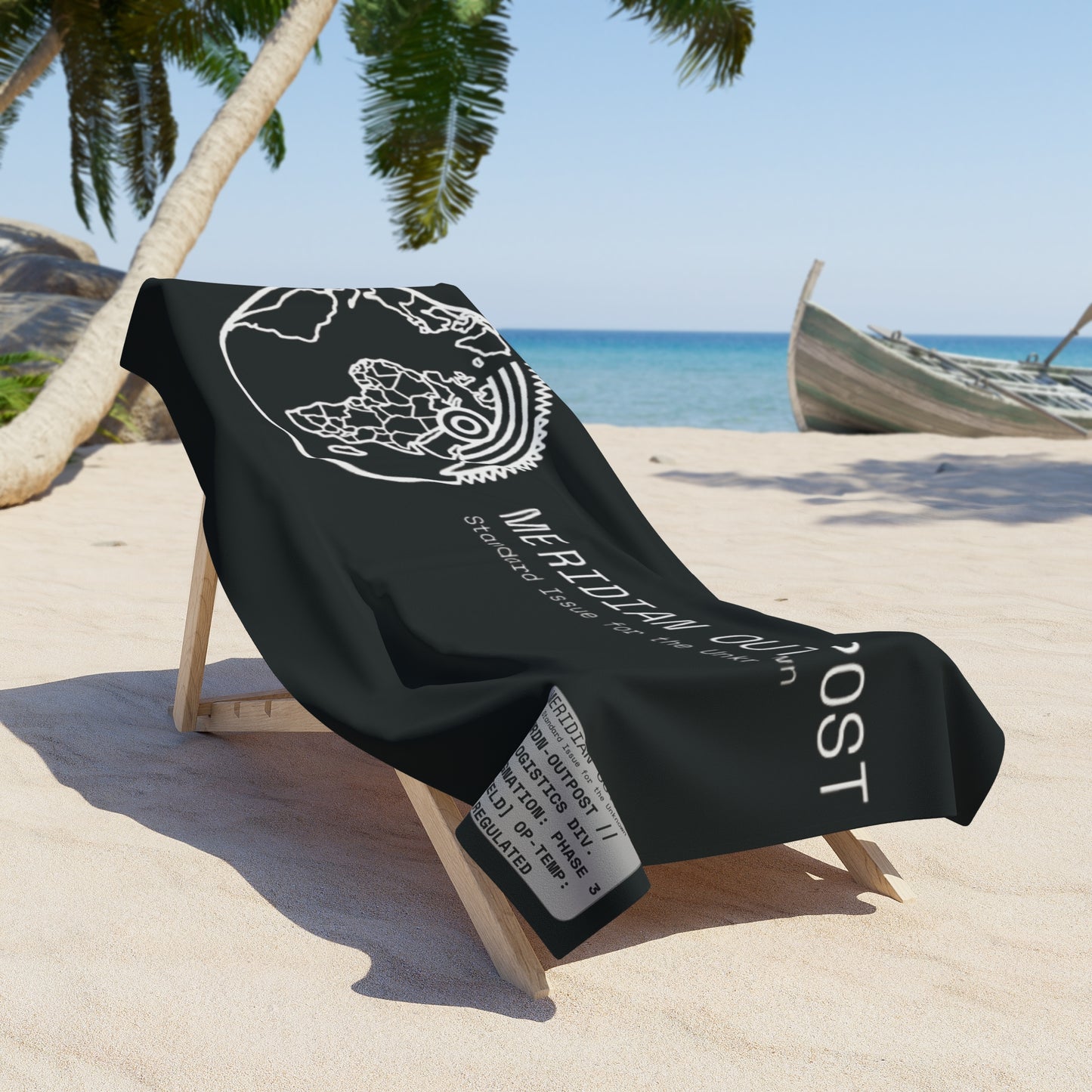 Logistics Division Meridian Outpost Black Beach Towel — 'Standard Issue for the Unknown' Travel/Adventure Towel