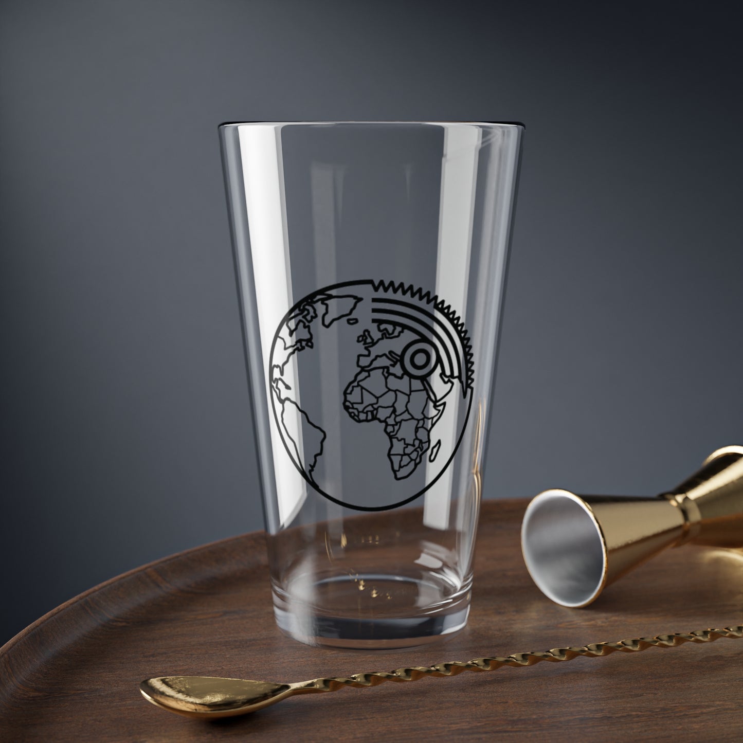 Logistics Division 16oz Mixing Glass with Global Gear Globe Illustration