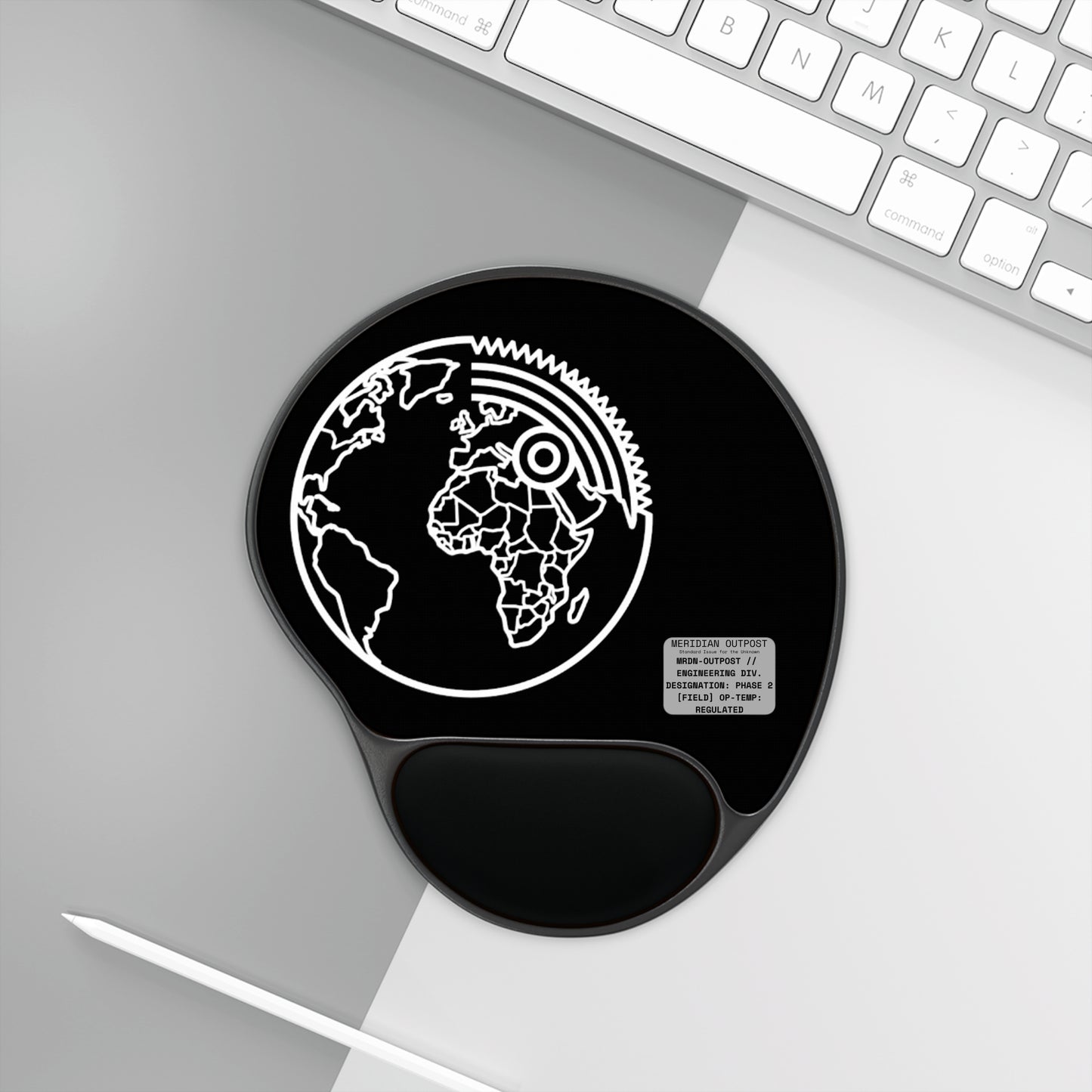 Engineering Division Ergonomic World Gear Mouse Pad with Wrist Rest — Black Globe Design