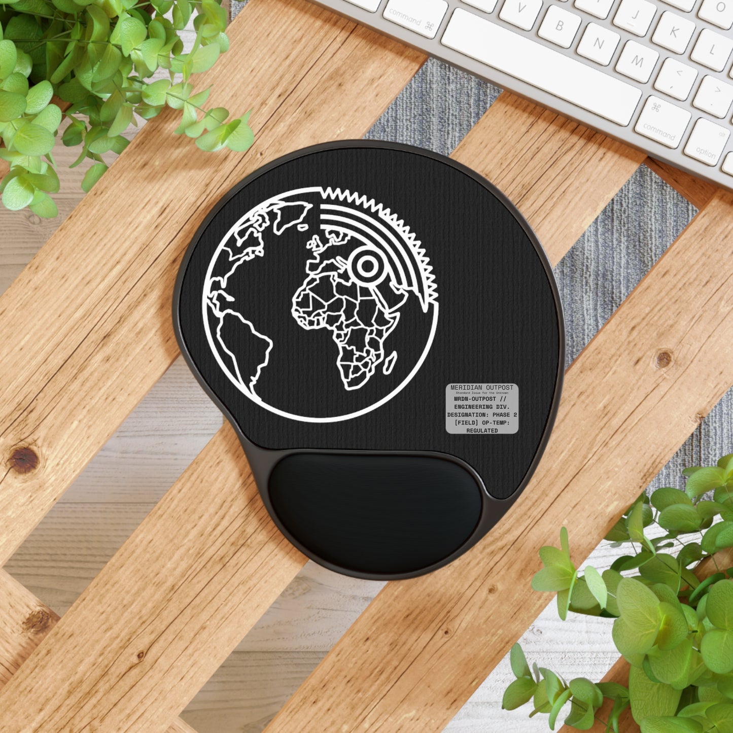 Engineering Division Ergonomic World Gear Mouse Pad with Wrist Rest — Black Globe Design