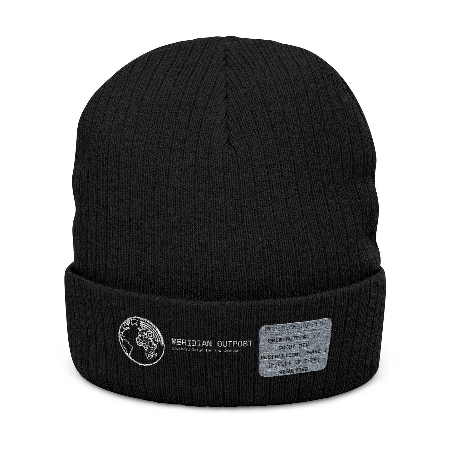 Scout Division Embroidered Ribbed Knit Beanie — Minimal Globe Patch & Text
