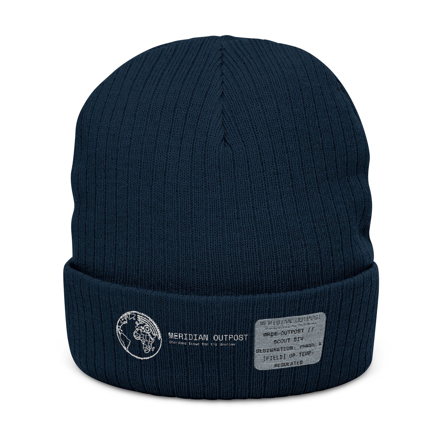 Scout Division Embroidered Ribbed Knit Beanie — Minimal Globe Patch & Text