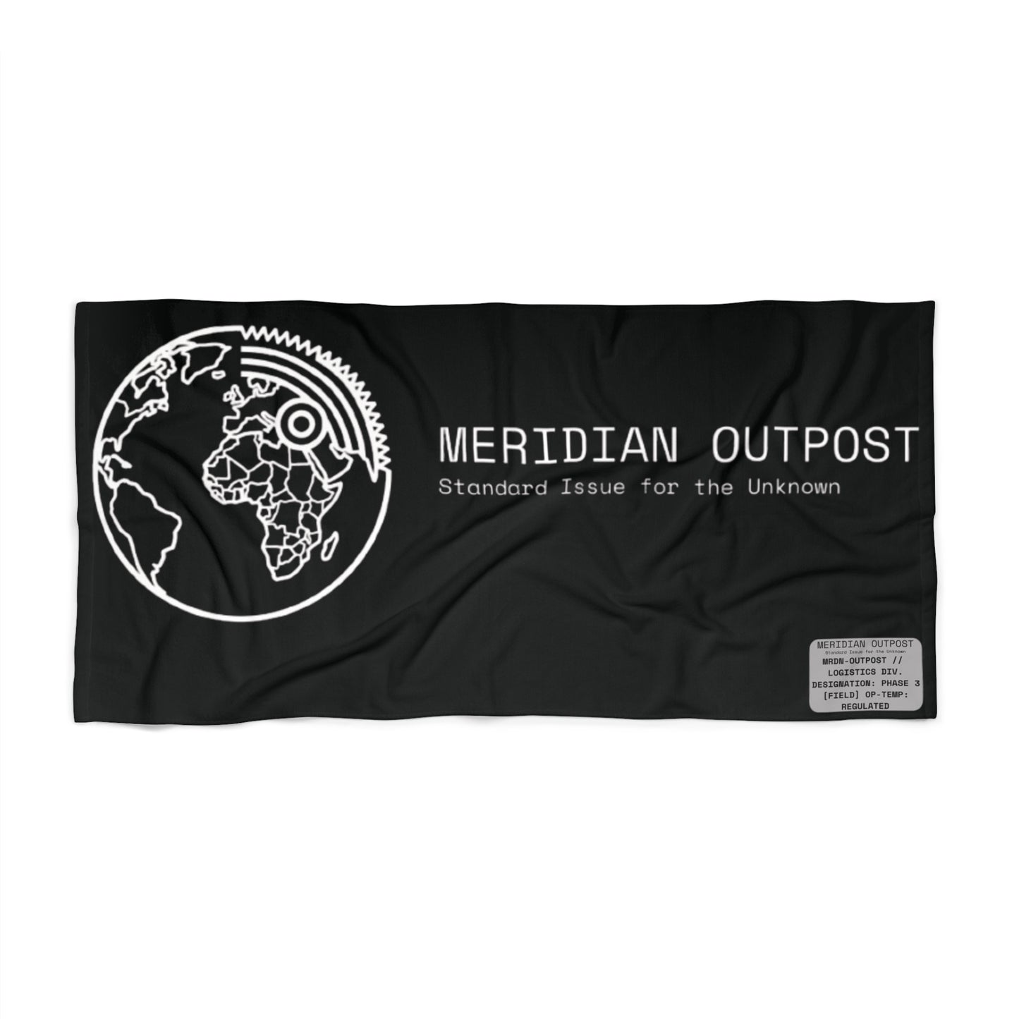 Logistics Division Meridian Outpost Black Beach Towel — 'Standard Issue for the Unknown' Travel/Adventure Towel