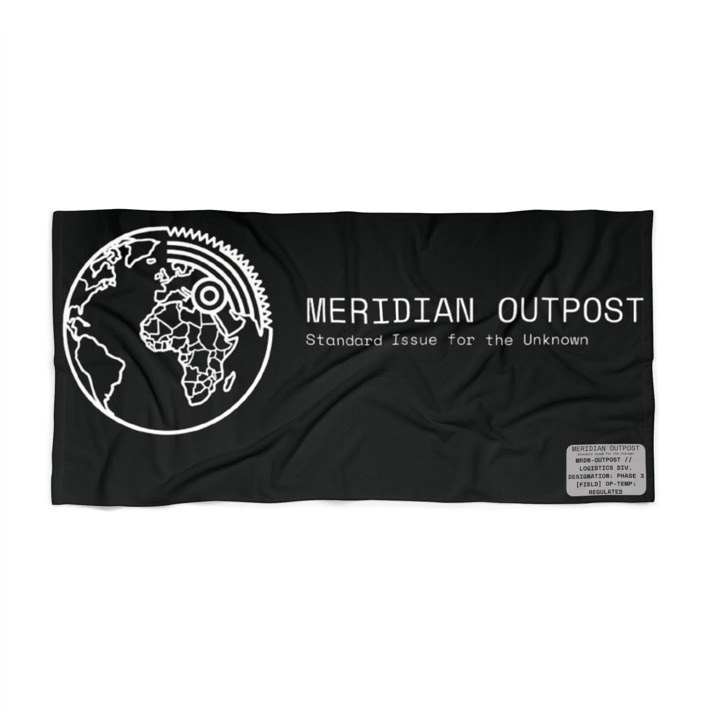 Logistics Division Meridian Outpost Black Beach Towel — 'Standard Issue for the Unknown' Travel/Adventure Towel