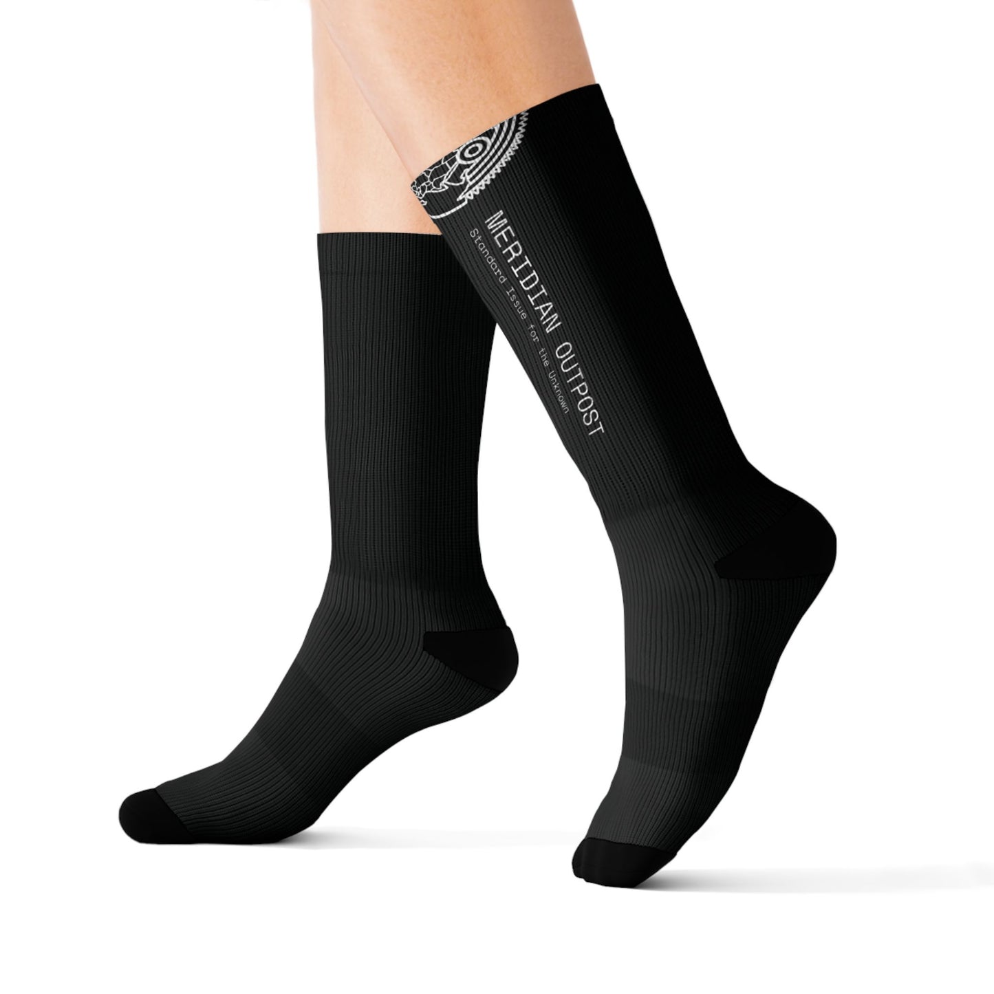 Scout Division Black Sublimation Crew Socks with Globe Logo — Minimal Earth Graphic