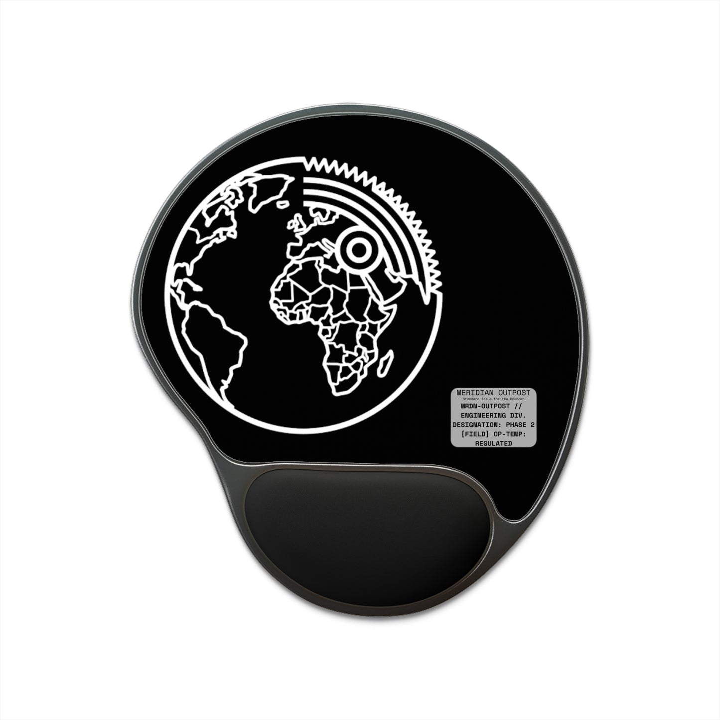 Engineering Division Ergonomic World Gear Mouse Pad with Wrist Rest — Black Globe Design